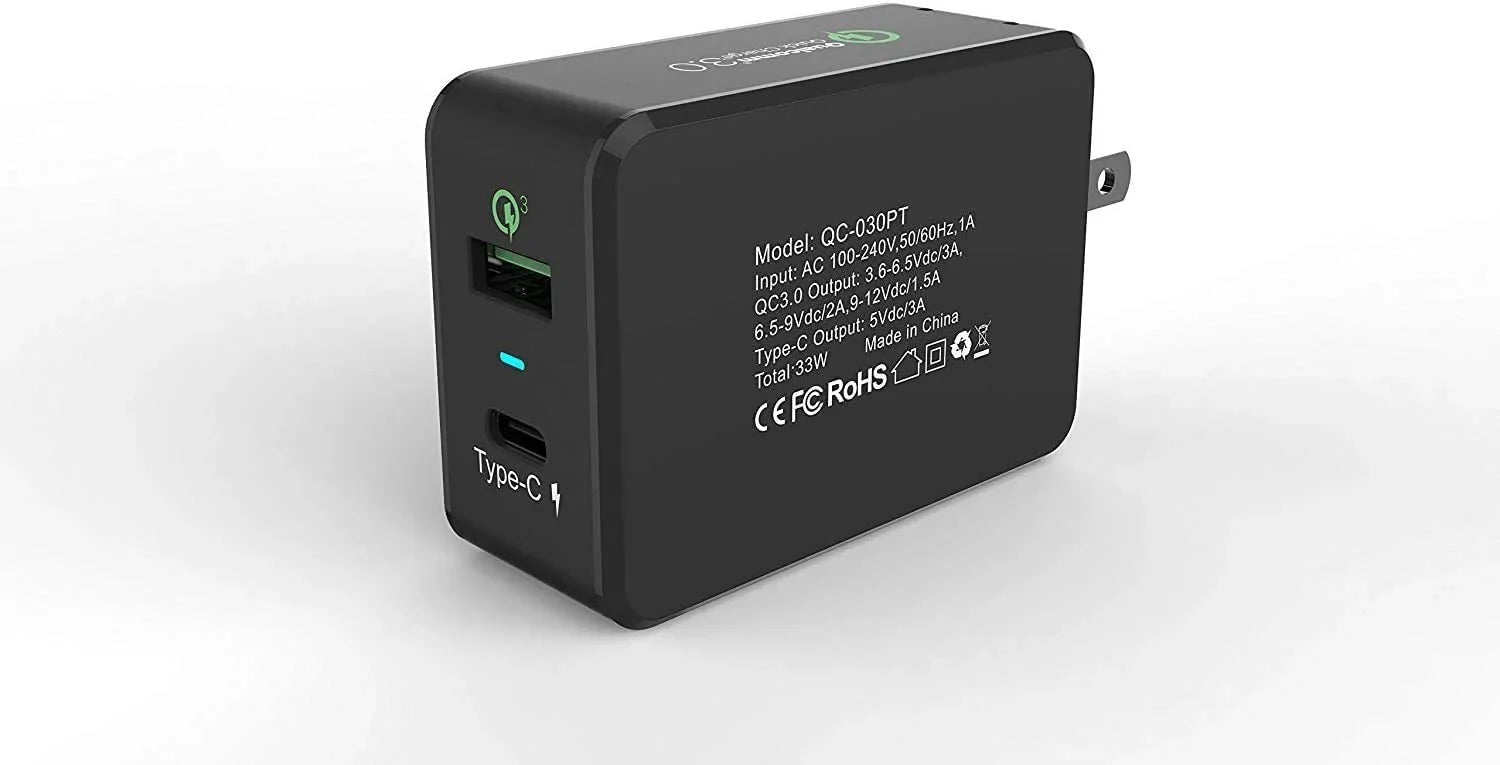 Professional 33W QC 3.0 Compatible with Sony Xperia XA/P/Z5/Z3/Z3v/Z2/E5 Quick Adaptive Fast Charge 3.0 with Folding Blade Plus Both MicroUSB/Type-C Cables [Black/UL Certified]