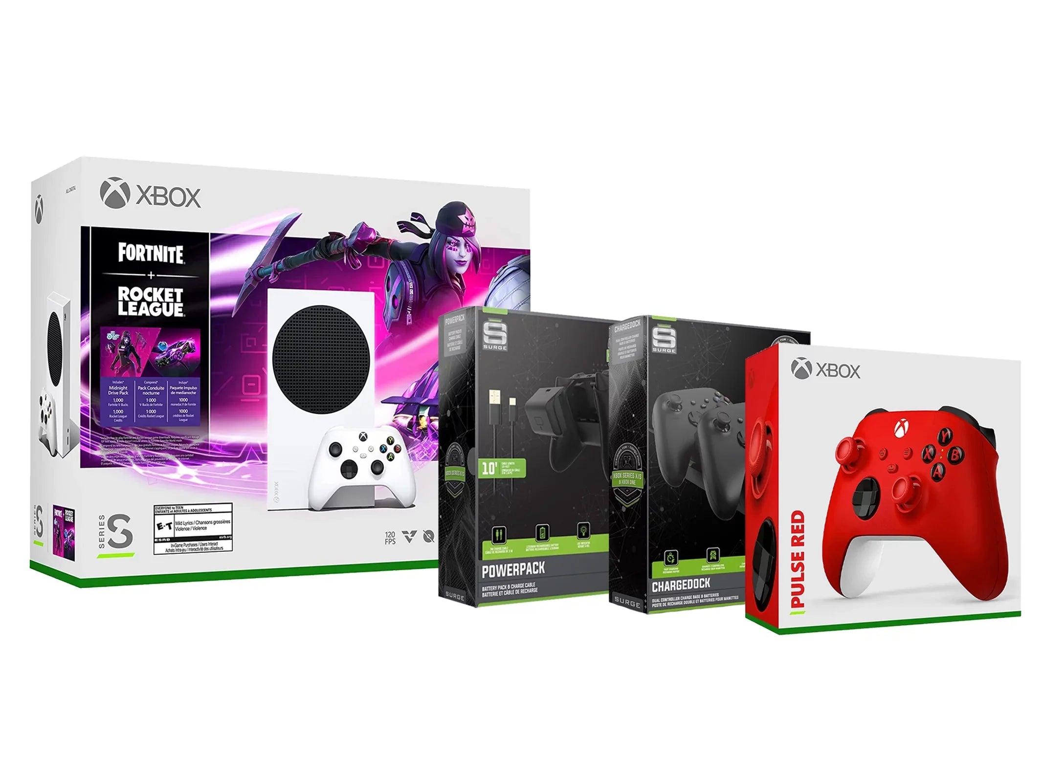 Stylish Xbox Series S Console Fortnite Rocket LeagueÂ with Extra Pulse Red Controller, Charge Cable/Battery and Dual Charge Dock