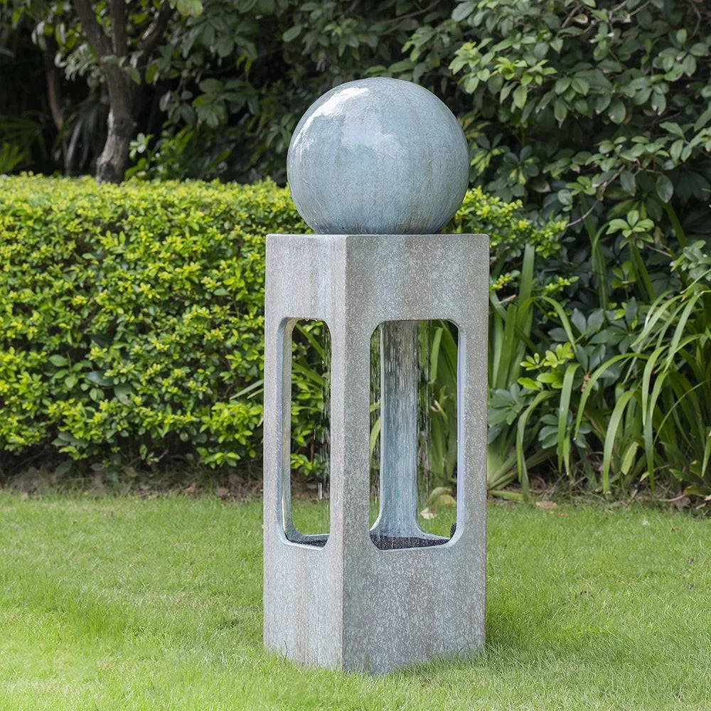 Homiyad 13X13X44" Tall Contemporary Sphere Outdoor Water Fountain, Cement/Concrete Outdoor Fountain, Antique Blue Raindrop Water Feature with Lamp for Garden, Lawn, Deck & Patio