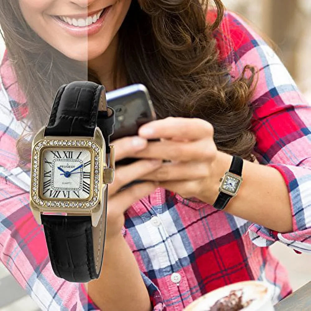 peugeot womens 14k gold plated square tank petite small black leather band luxury dress watch 3052bk - Exclusive Design