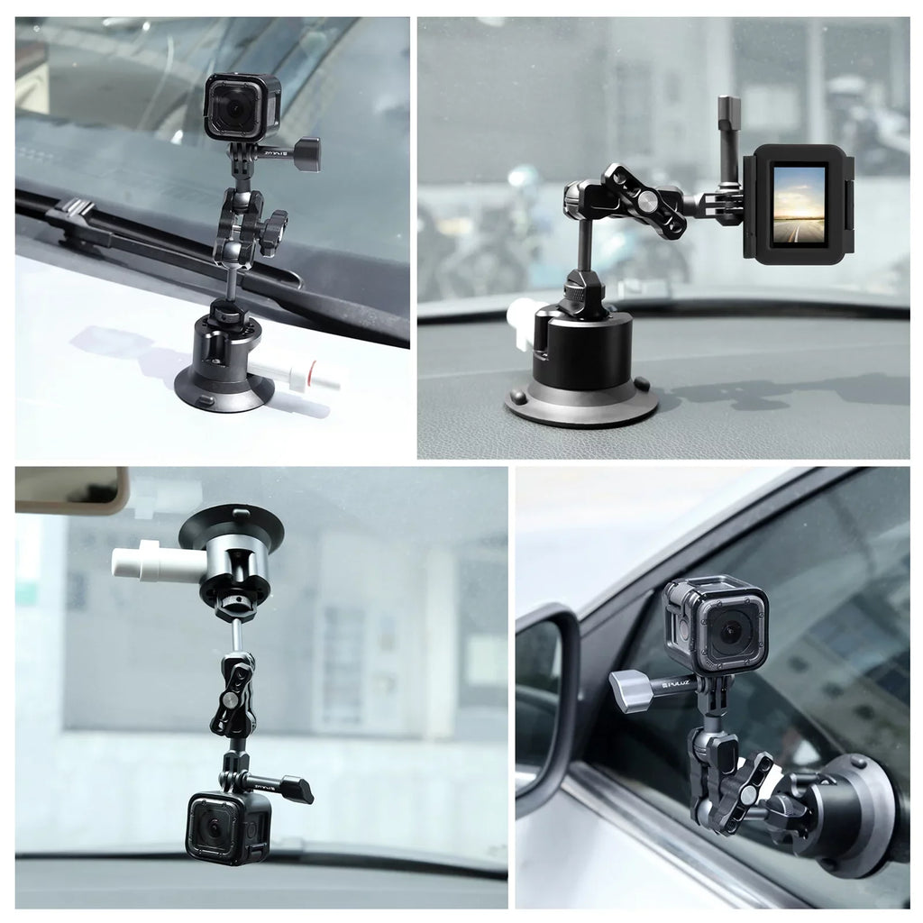 PULUZ PU845B Suction Cup Mount for Action Camera Suction Camera Mount Bracket Dual 360Â° Rotatable Ballheads Replacement for GoPro Hero 11/10/9/8, Osmo Action 3/2 - Exclusive Design