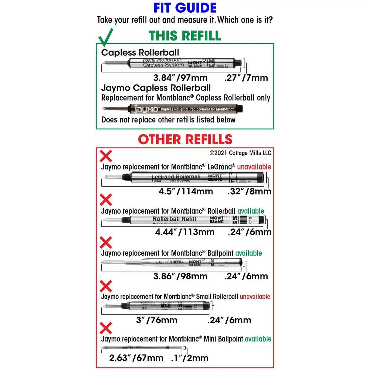 Stylish Jaymo Replacement for Montblanc 113778 - Measures 3.84 in / 97 mm Long - Capless Rollerball Pen Refill - 24 Blue