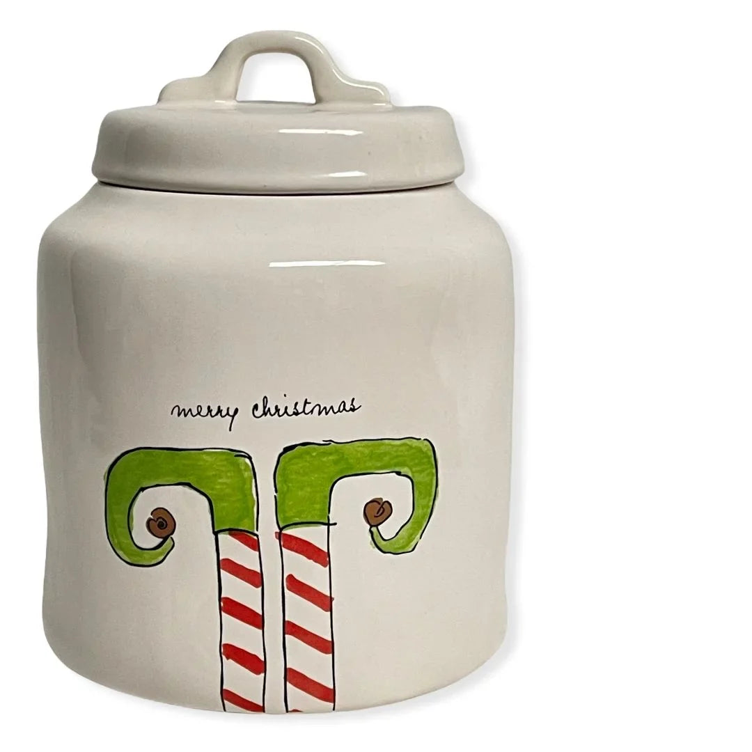 Rae Dunn MERRY CHRISTMAS ELF White Ceramic LL Canister With Black Letters - Exclusive Design
