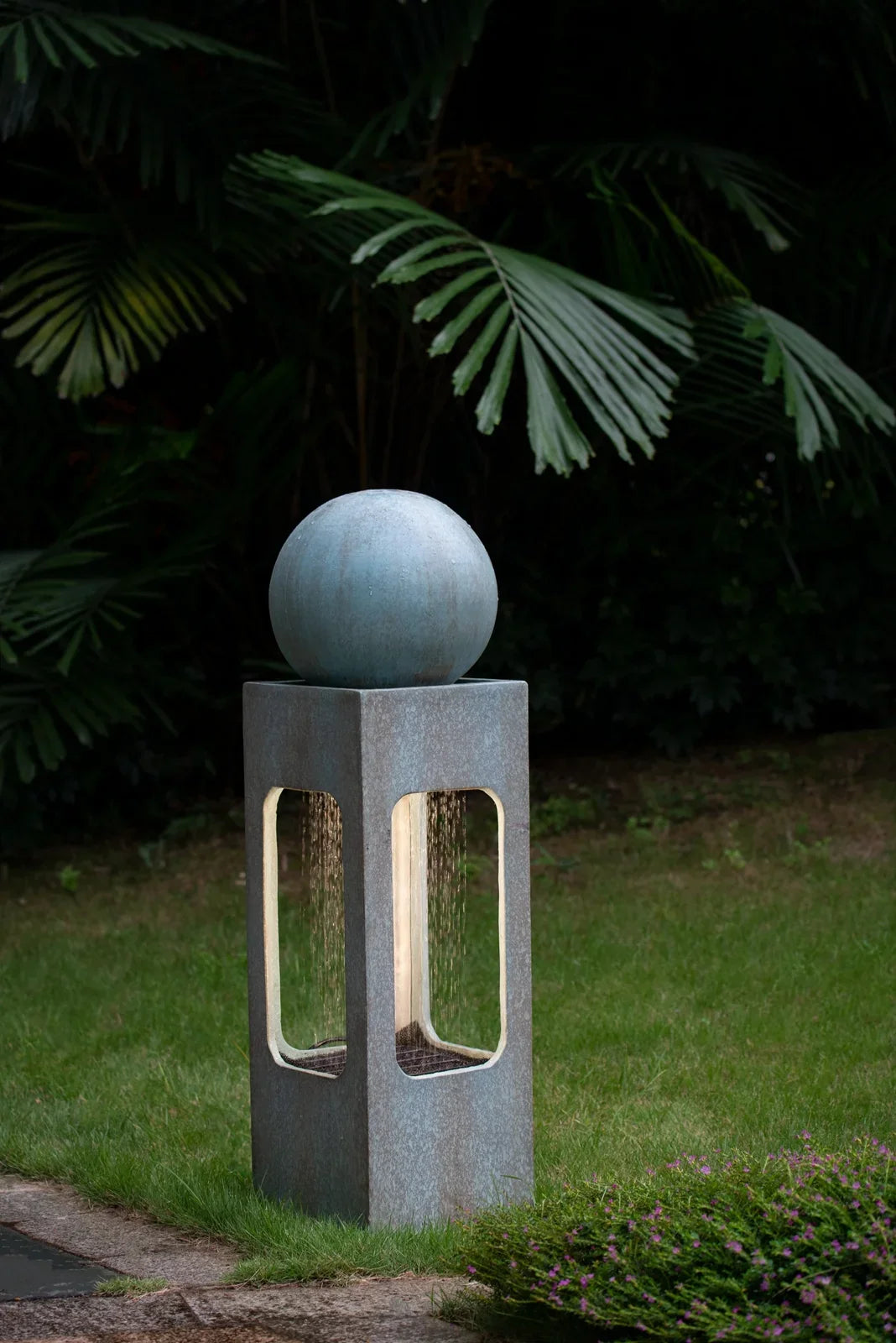 Homiyad 13X13X44" Tall Contemporary Sphere Outdoor Water Fountain, Cement/Concrete Outdoor Fountain, Antique Blue Raindrop Water Feature with Lamp for Garden, Lawn, Deck & Patio