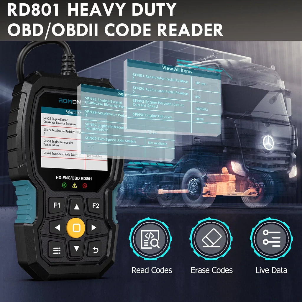 Romondes RD801 Heavy Duty Truck Diagnostic OBD2 Scanner Code Reader Tools Diesel Truck Scanner DPF Oil Reset