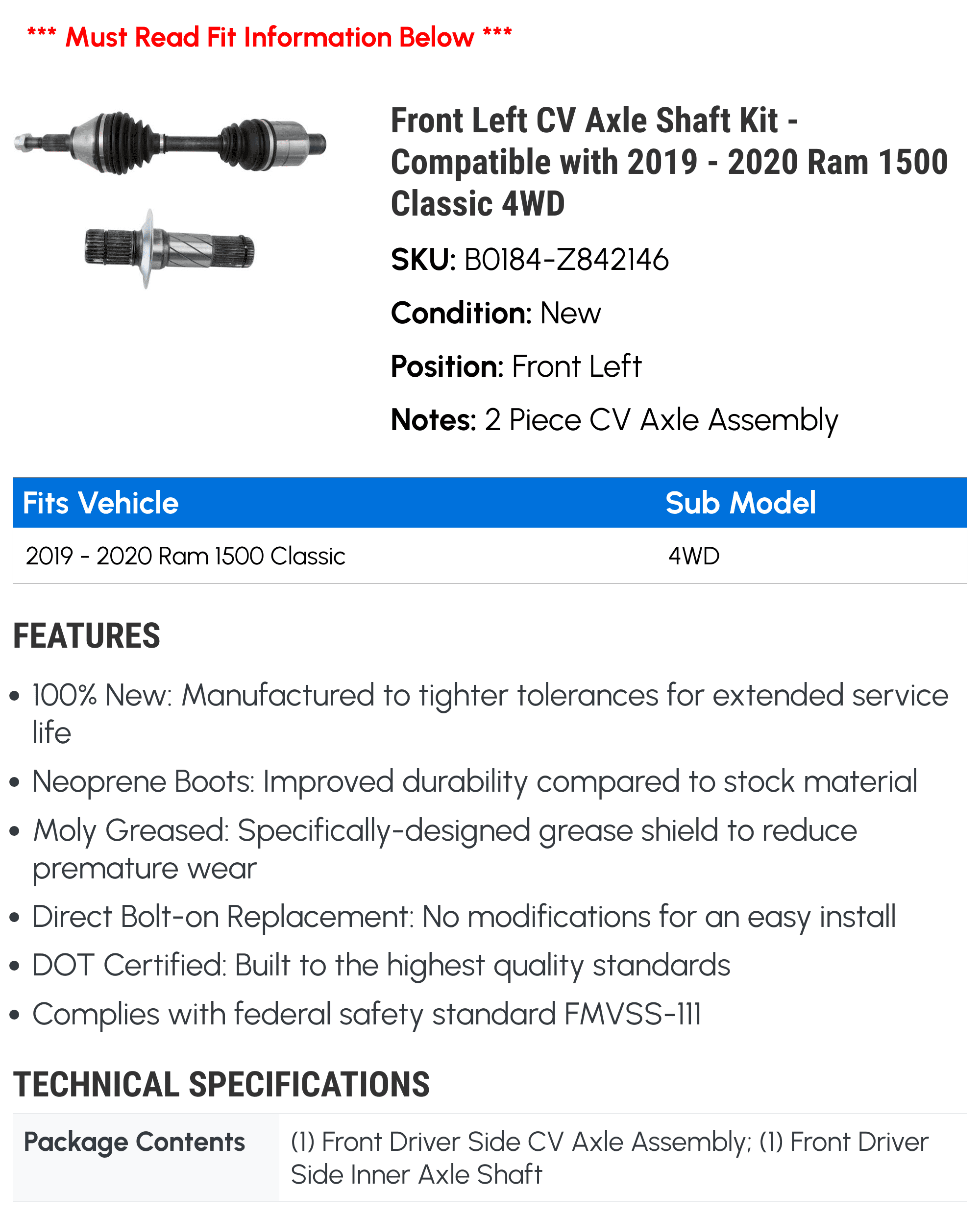 Front Left CV Axle Shaft Kit - Compatible with 2019 - 2020 Ram 1500 Classic 4WD
