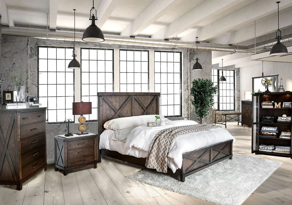 Stylish Rustic Style Dark Walnut Transitional Bedroom Furniture 1pc Bed Plank Style HB FB Eastern King Size Bed Solid Wood
