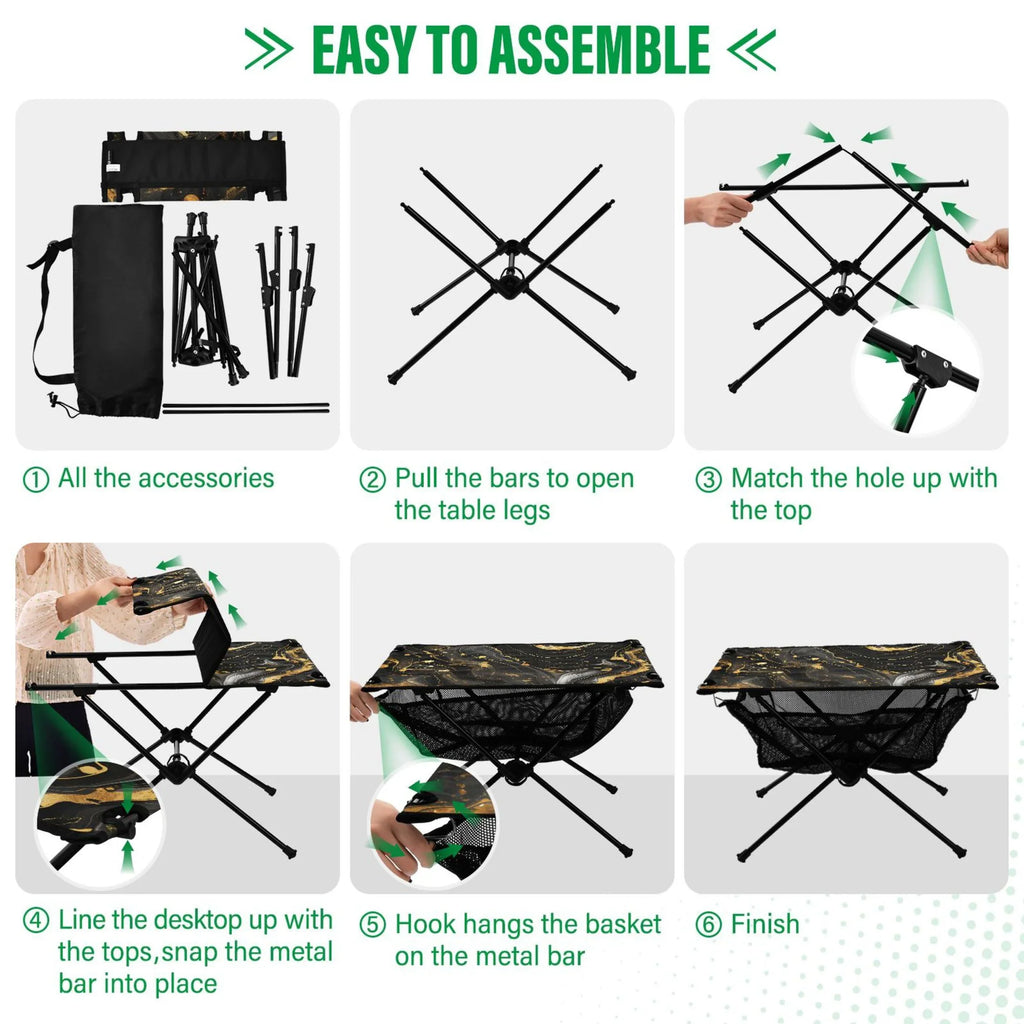 Luxury Black and Gold Marble Camping Folding Table Portable Beach Table with Storage Bag Compact Picnic Table for Outdoor Travel Fishing BBQ