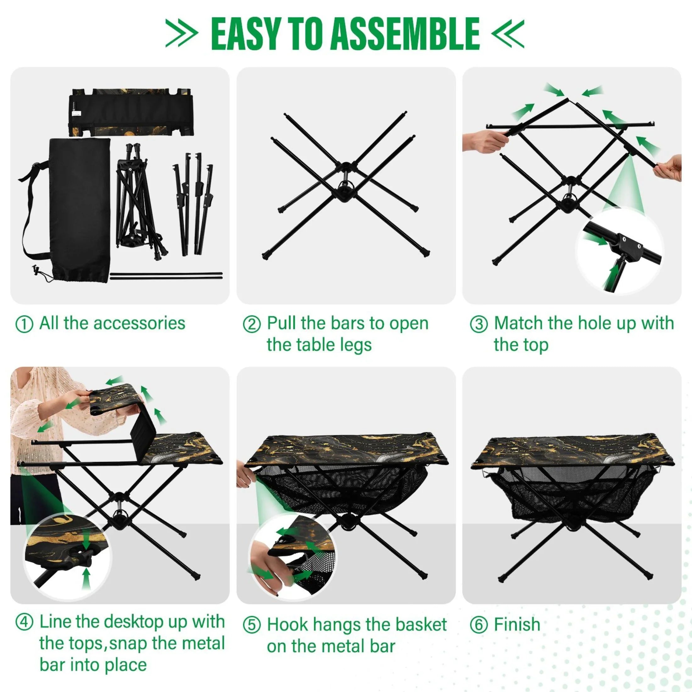 Luxury Black and Gold Marble Camping Folding Table Portable Beach Table with Storage Bag Compact Picnic Table for Outdoor Travel Fishing BBQ