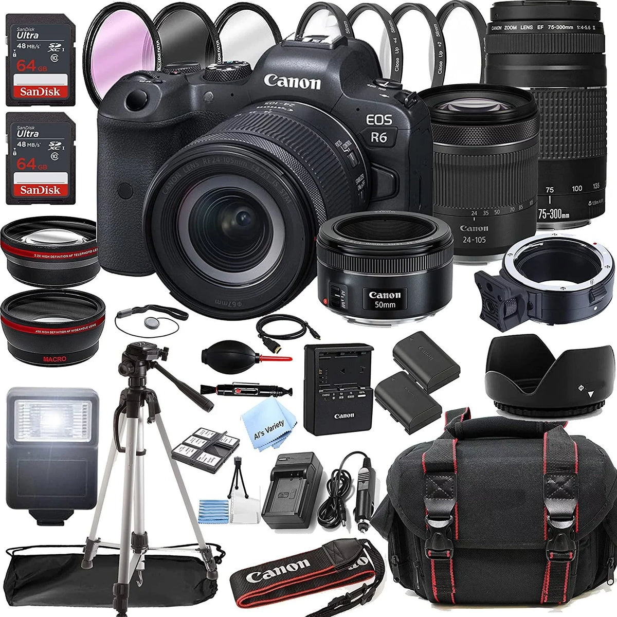Canon EOS R6 Mirrorless Digital Camera with RF 24-105mm f/4-7.1 STM Lens + 75-300mm F/4-5.6 III Lens + 50mm f/1.8 STM Lens + 128GB Memory + Case + Tripod + Filters 43pc Bundle - Exclusive Design