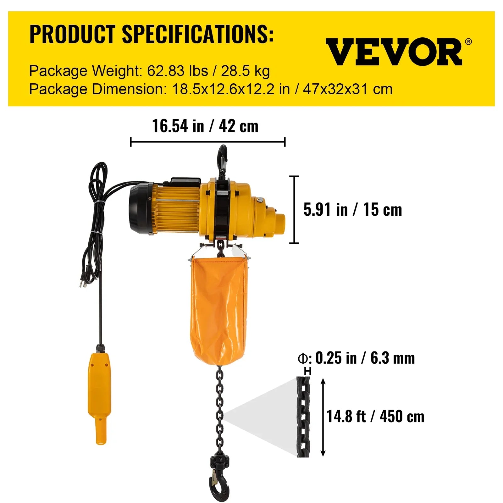 VEVOR Lift Electric Hoist, 1100 lbs Electric Winch w/ 10ft Wired Remote Control, 110V Overhead Crane Garage Ceiling Pulley Winch of 14.8ft Lift Height, Used In Factories, Warehouses, Construction - Exclusive Design
