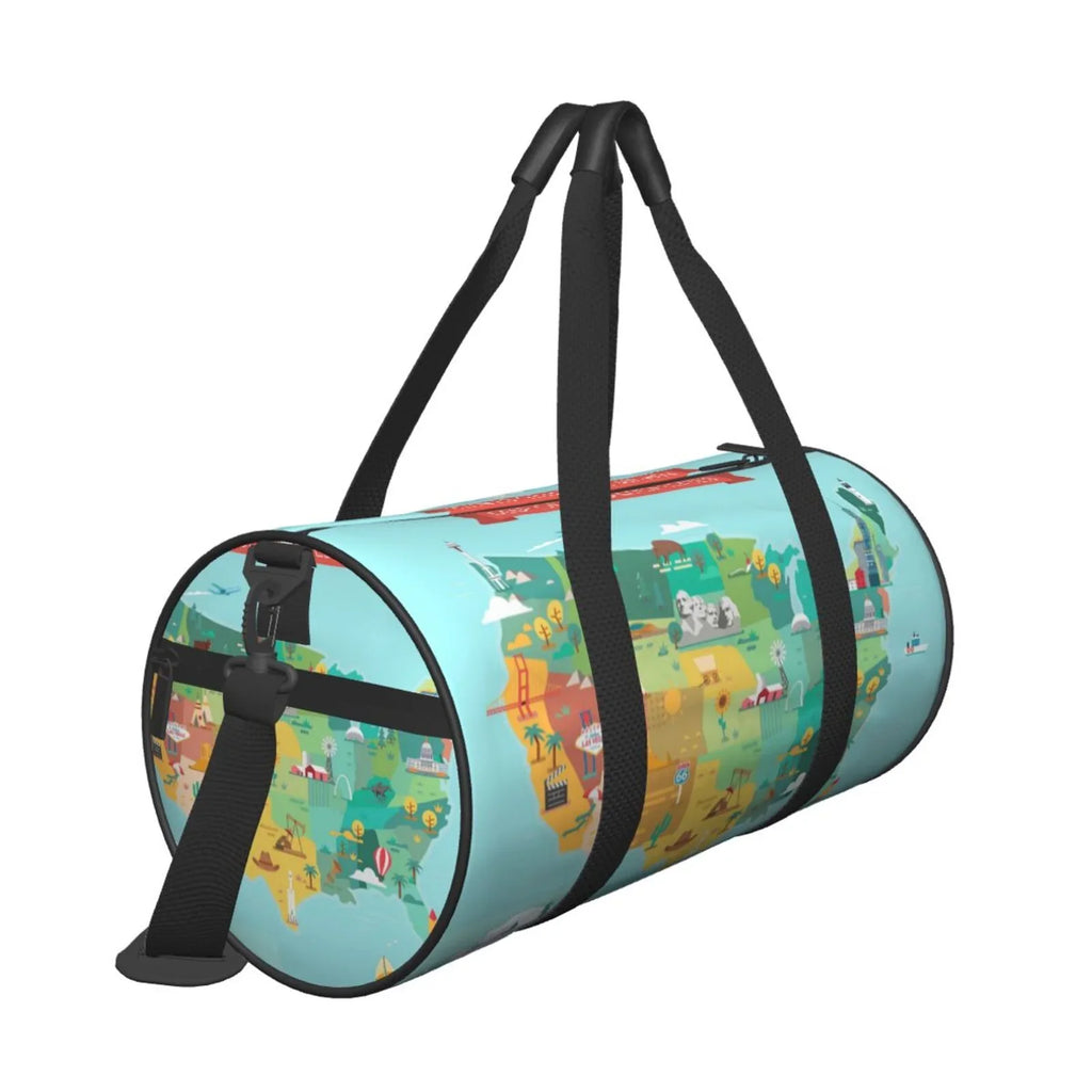 Stylish Coaee USA Tourist Map Large Capacity Travel Luggage Bag Cylinder Gym Bag Waterproof Sports Bag with Pocket and Compartment