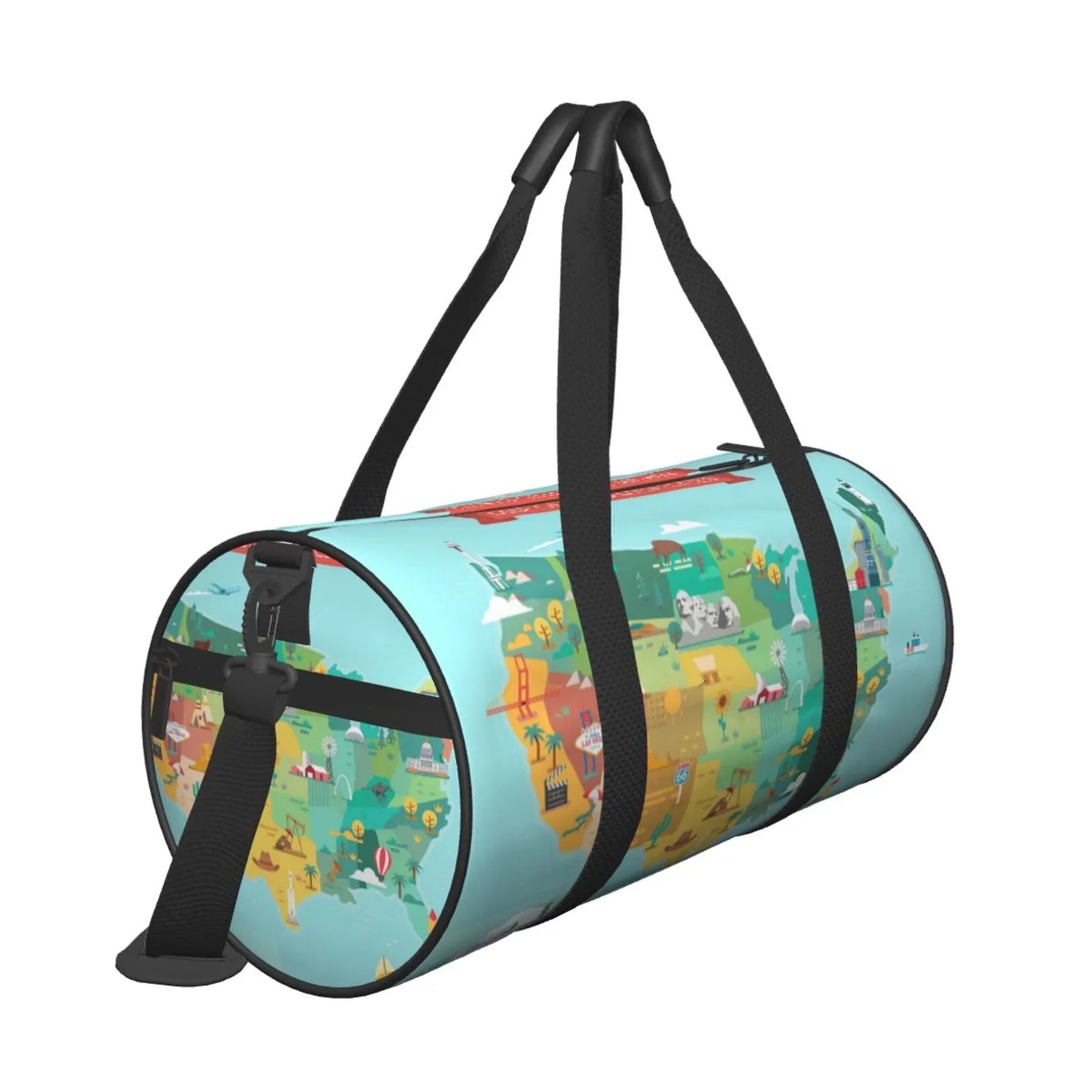 Stylish Coaee USA Tourist Map Large Capacity Travel Luggage Bag Cylinder Gym Bag Waterproof Sports Bag with Pocket and Compartment