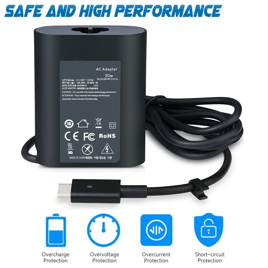 Stylish EBK 30W Replacement AC Power Adapter Charger for XPS13 9365 XPS12 9250 7350 7275 5175 5179 ( USB Type-C Connector )