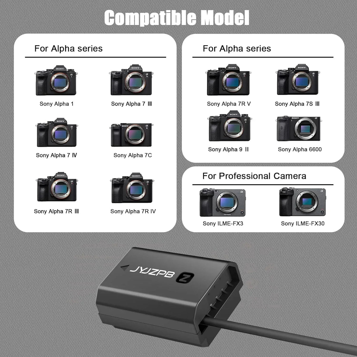 JYJZPB NP-FZ100 Dummy y AC Power Adapter Fit for Sony A7III A7IV Alpha 1 A7C FX3 FX30 A7R3 A7R III A7R V A7R IV - Exclusive Design