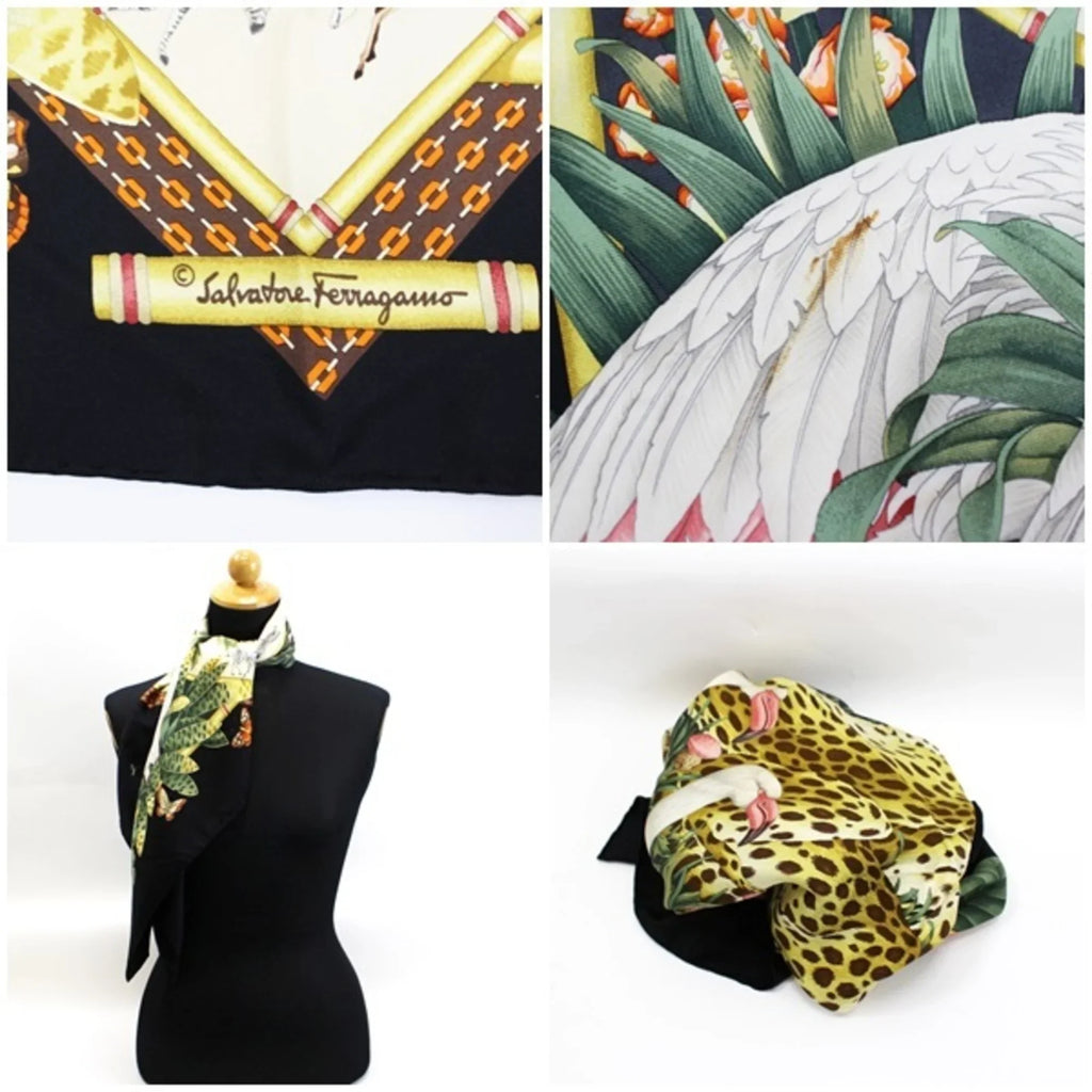 Stylish Pre-Owned Salvatore Ferragamo Scarf Muffler Leopard Print Black Women's Panda Animal (Good)