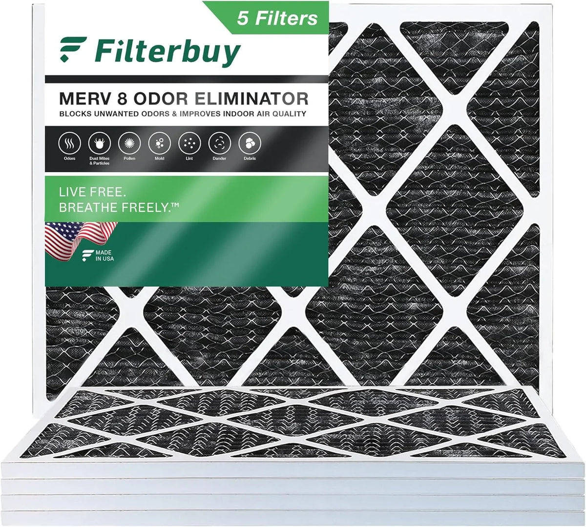 Filterbuy 20x23x1 MERV 8 Odor Eliminator Pleated HVAC AC Furnace Air Filters with Activated Carbon (5-Pack)