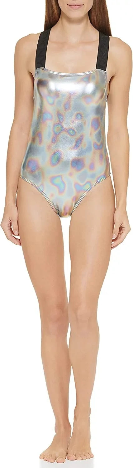 DKNY Women's Metallic Crisscross One Piece Swimsuit Gray Size X-Large - Exclusive Design