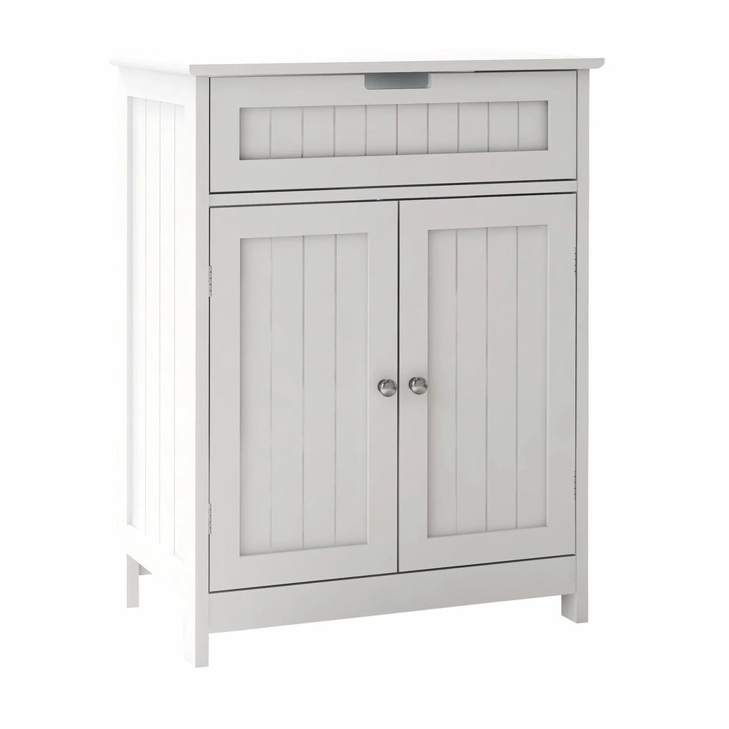 Stylish Versatile Bathroom Floor Cabinet in White Freestanding Wood Storage Organizer 2 Doors, 1 Drawer Adjustable Shelf Elegant Design for Bathroom and Living Room.