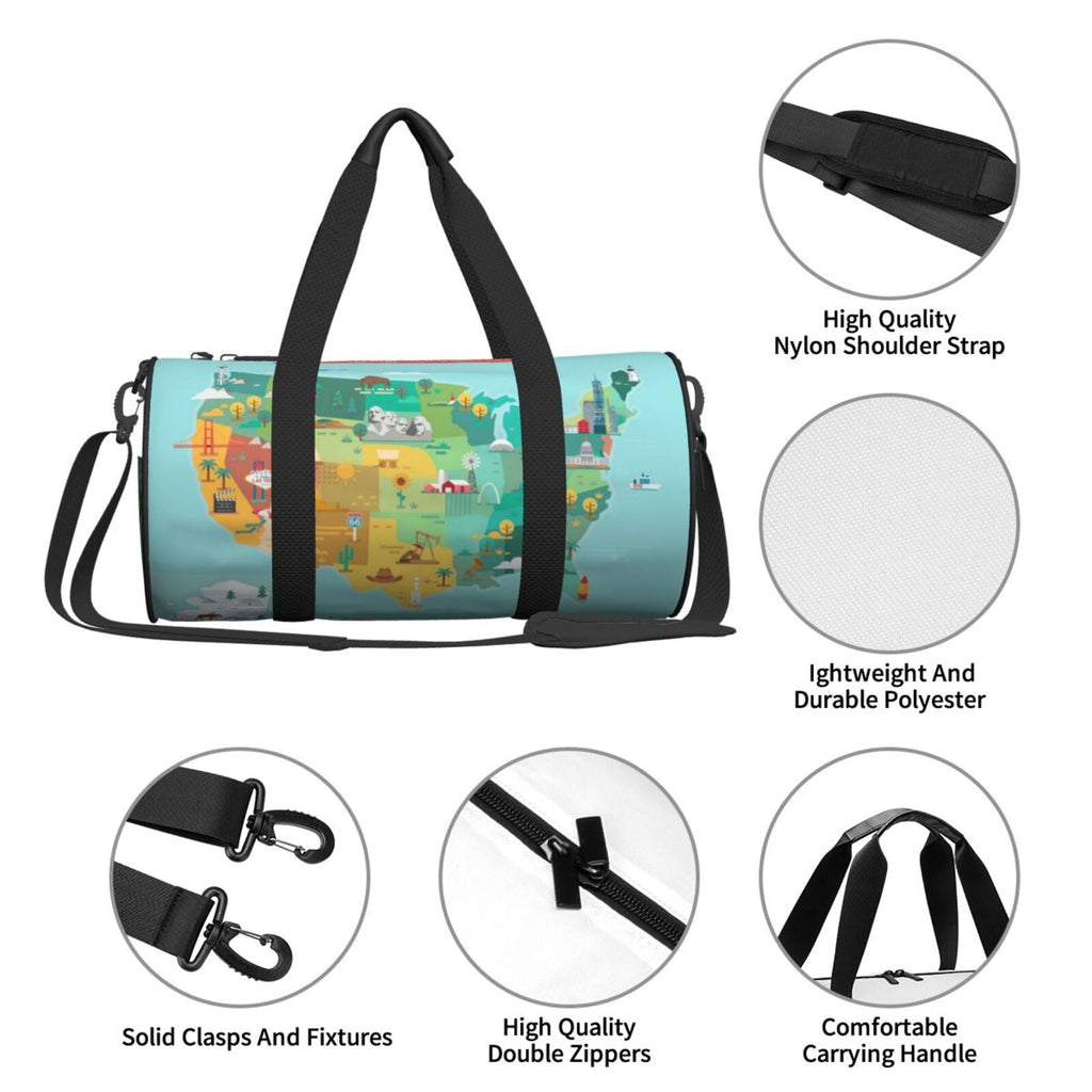 Stylish Coaee USA Tourist Map Large Capacity Travel Luggage Bag Cylinder Gym Bag Waterproof Sports Bag with Pocket and Compartment