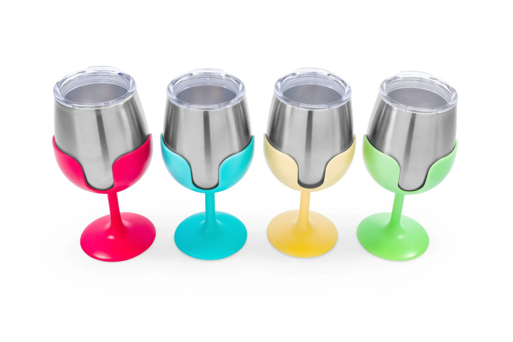 Stylish Camco Life is Better at the Campsite Wine Tumblers | Features a Vacuum Insulated Kitchen Grade 18/8 Stainless Steel Construction, 4 Colorful Removable Stems, and Comes in a 8oz Size (53068)