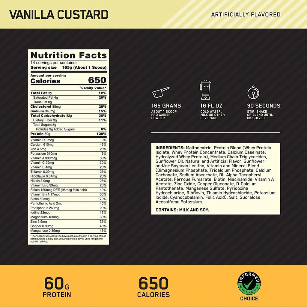Optimum Nutrition, Gold Standard Pro Gainer Protein Powder, 60 g Protein, Vanilla Custard, 5.09 lb, 14 Servings