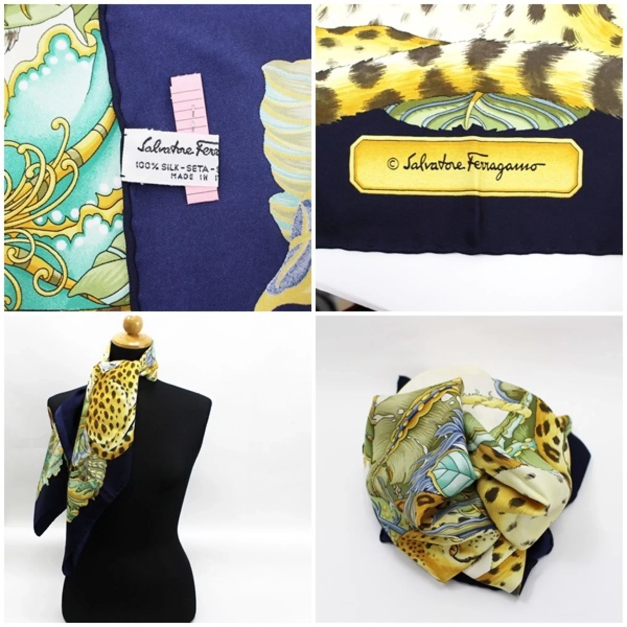 Stylish Pre-Owned Salvatore Ferragamo silk scarf leopard print plant pattern navy x ivory ladies (Good)