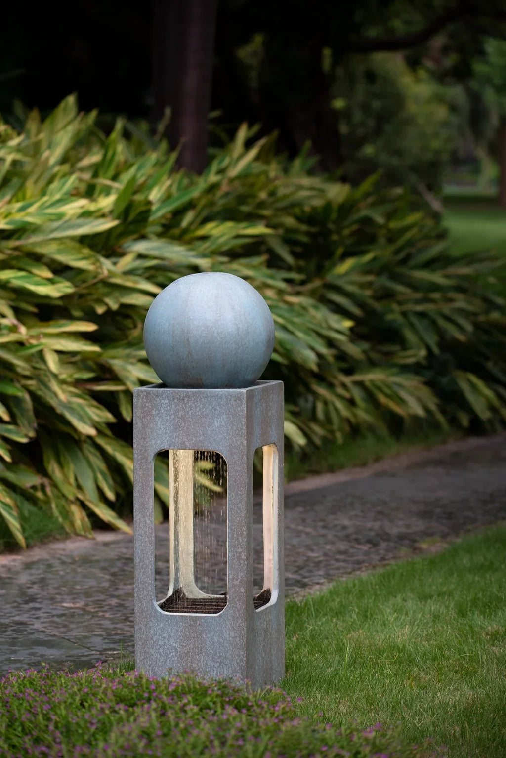 CoSoTower 13X13X44" Tall Contemporary Sphere Outdoor Water Fountain, Cement/Concrete Outdoor Fountain, Antique Blue Raindrop Water Feature with Light for Garden, Lawn, Deck & Patio - Exclusive Design