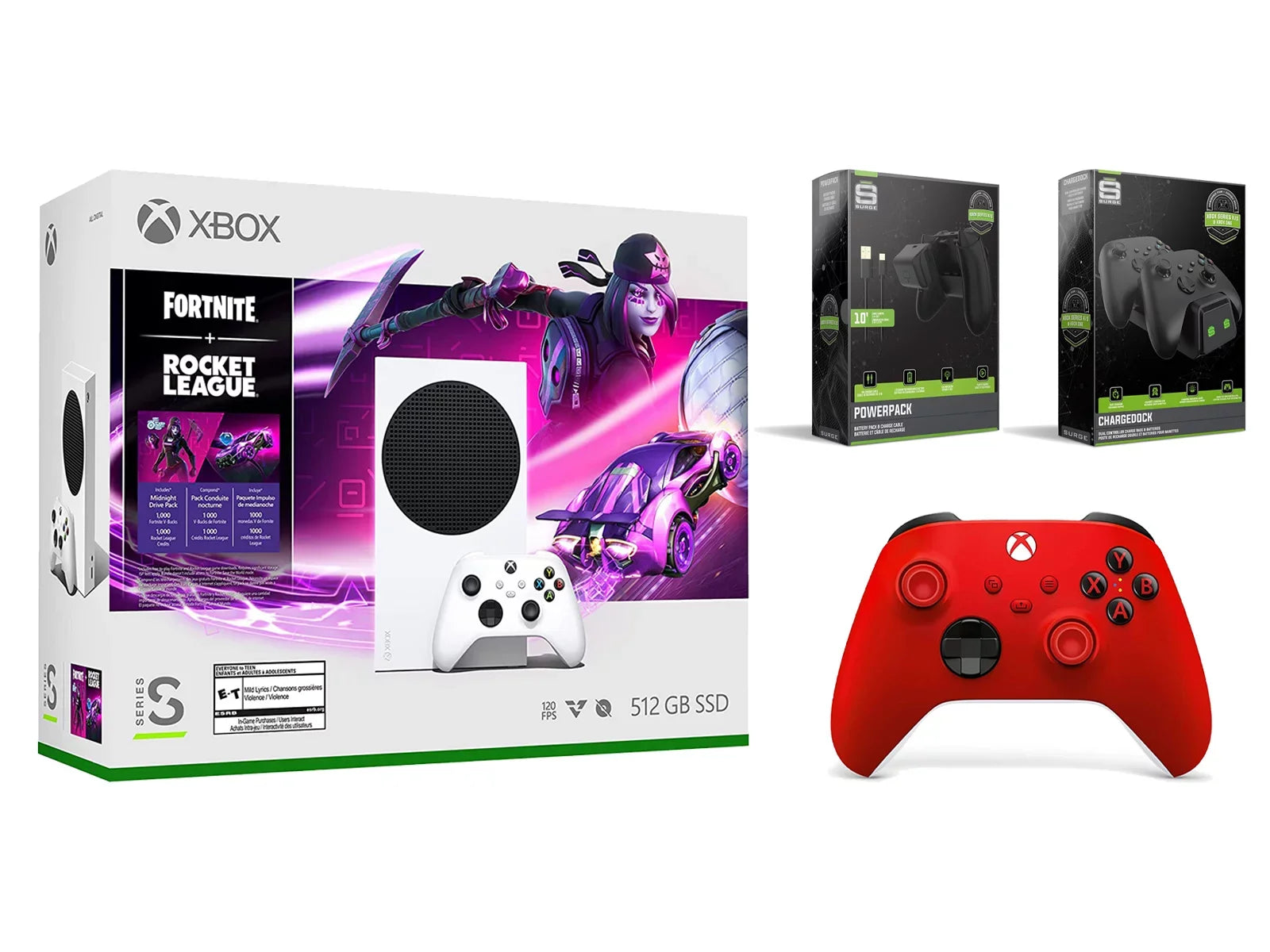 Stylish Xbox Series S Console Fortnite Rocket LeagueÂ with Extra Pulse Red Controller, Charge Cable/Battery and Dual Charge Dock