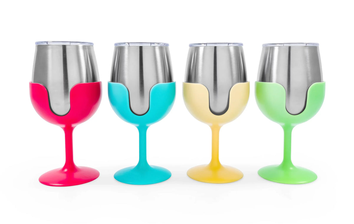 Stylish Camco Life is Better at the Campsite Wine Tumblers | Features a Vacuum Insulated Kitchen Grade 18/8 Stainless Steel Construction, 4 Colorful Removable Stems, and Comes in a 8oz Size (53068)