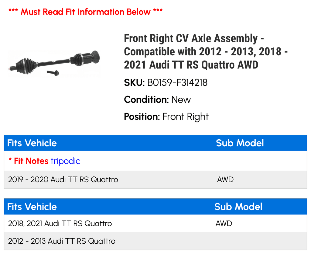 Stylish Front Right CV Axle Assembly - Compatible with 2012 - 2013, 2018 - 2021 Audi TT RS Quattro AWD 2019 2020