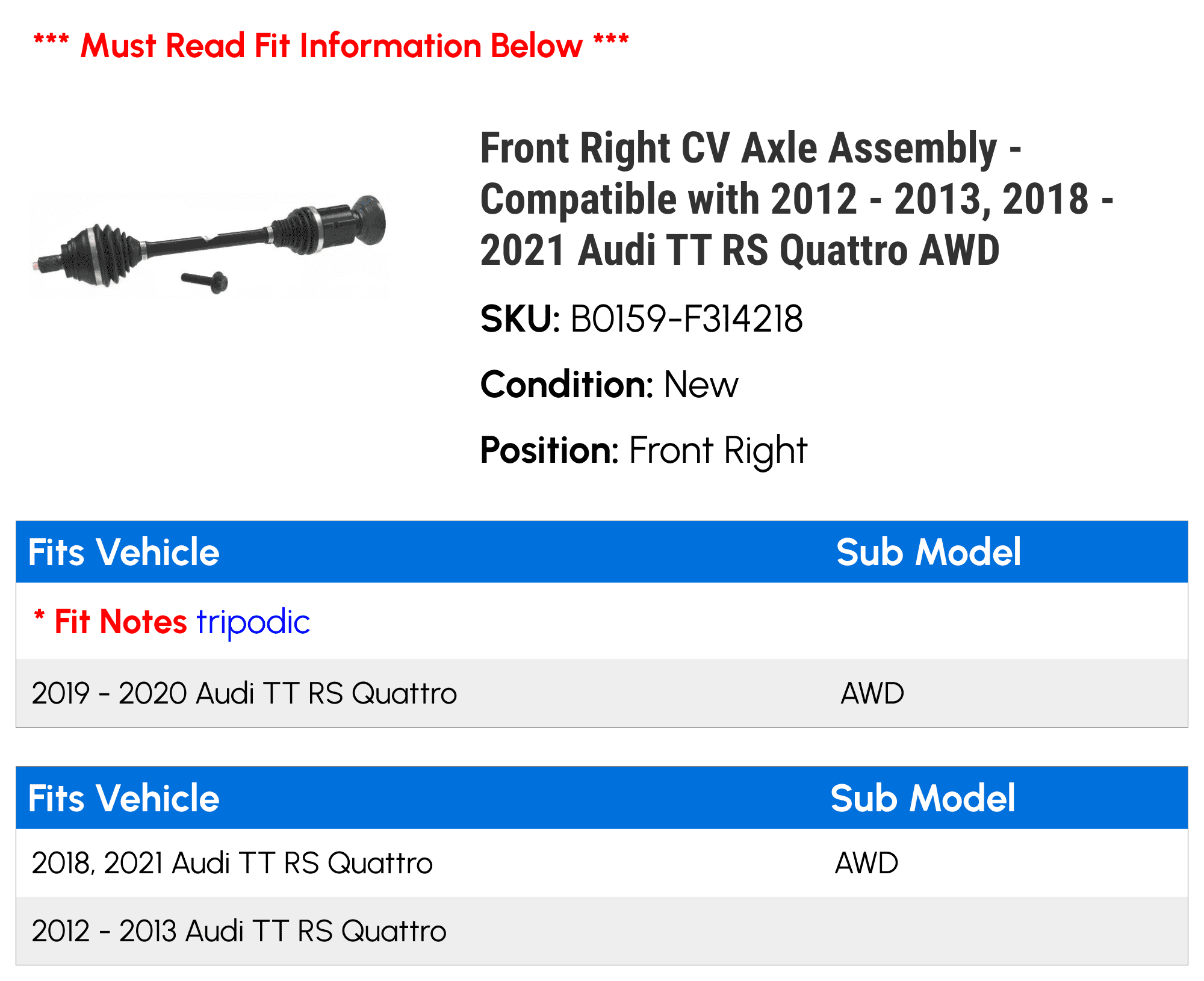 Stylish Front Right CV Axle Assembly - Compatible with 2012 - 2013, 2018 - 2021 Audi TT RS Quattro AWD 2019 2020