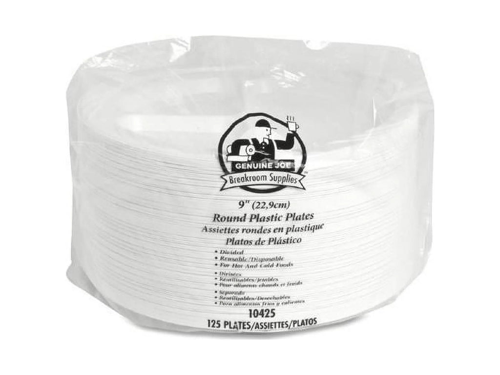 Genuine Joe 3-section Round Plastic Plates, 9", 125 Pack, GJO10425 - Exclusive Design