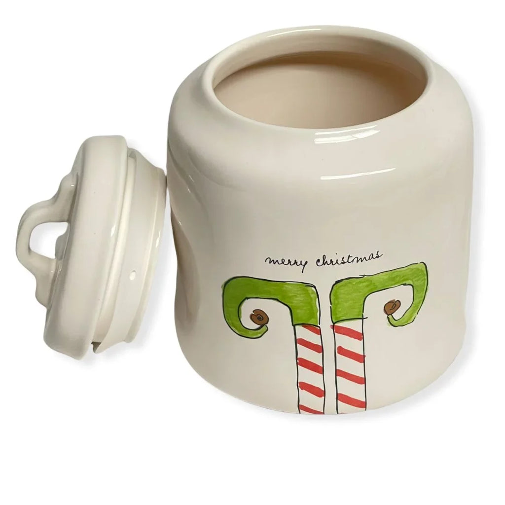 Rae Dunn MERRY CHRISTMAS ELF White Ceramic LL Canister With Black Letters - Exclusive Design