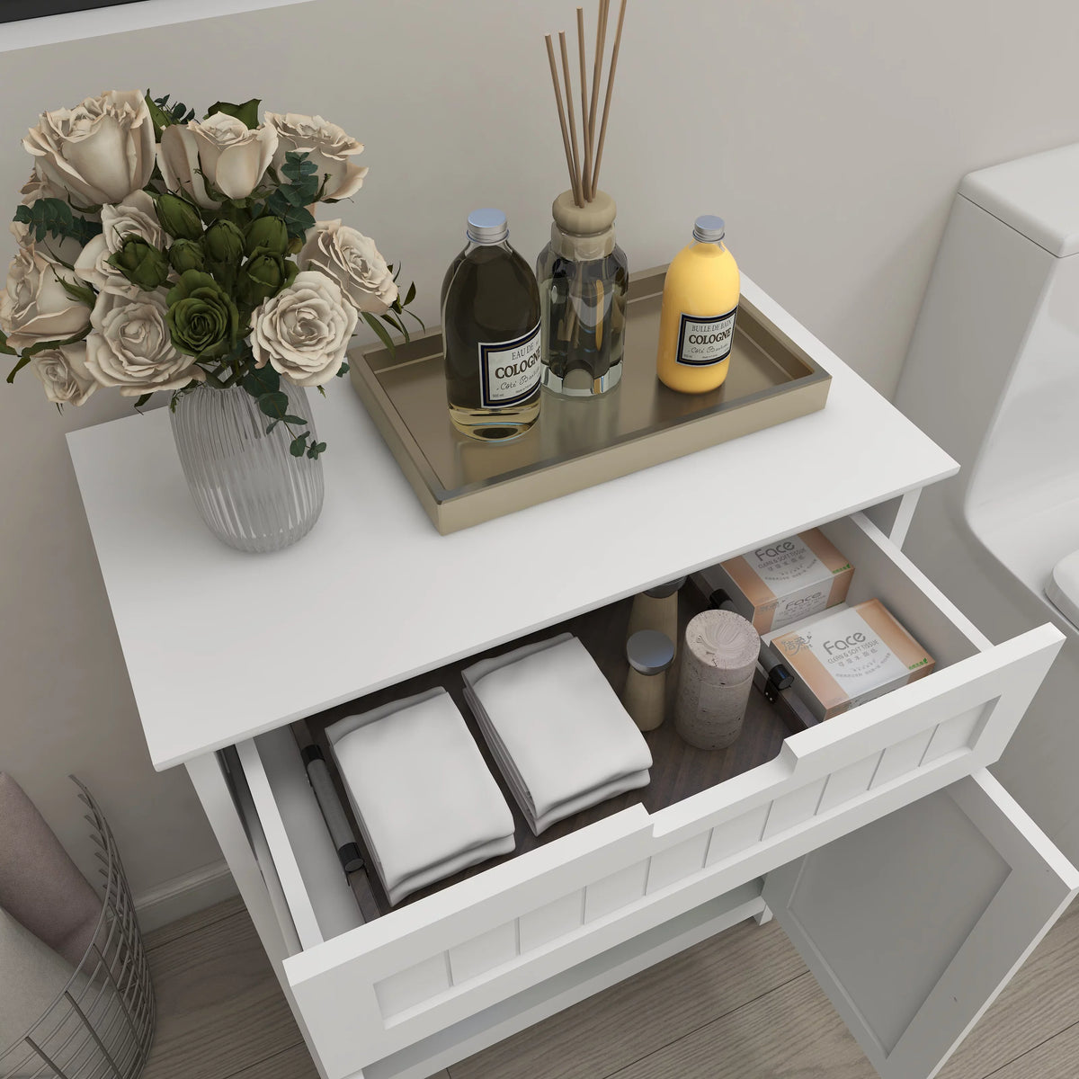 Stylish Versatile Bathroom Floor Cabinet in White Freestanding Wood Storage Organizer 2 Doors, 1 Drawer Adjustable Shelf Elegant Design for Bathroom and Living Room.