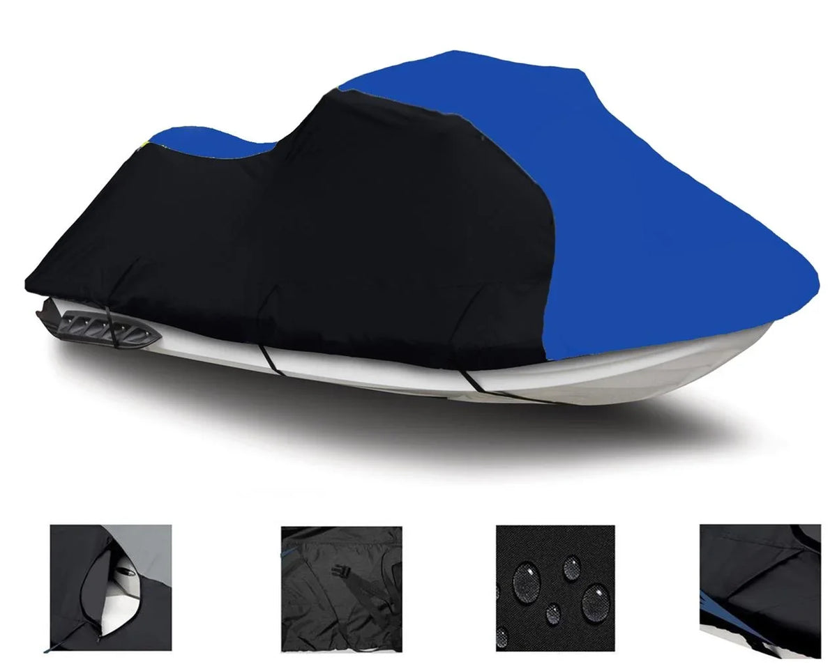BLACK / BLUE HEAVY-DUTY, 600 DENIER Cover Compatible for Kawasaki ULTRA LX 2007 2008 2009 2010 2011 2012 2013 2014 2015 2016 2017 2018 2019 2020 2021 2022 / ULTRA 250X 2007 2008 Jet Ski Cover