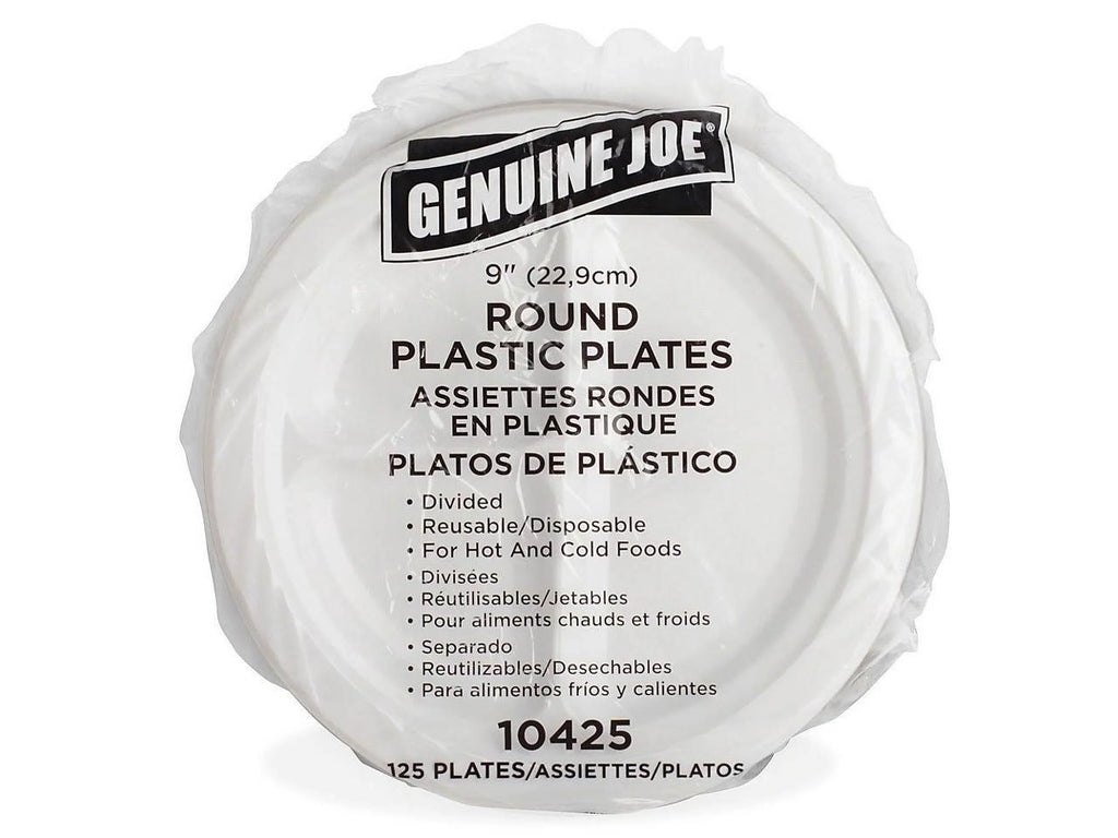 Genuine Joe 3-section Round Plastic Plates, 9", 125 Pack, GJO10425 - Exclusive Design