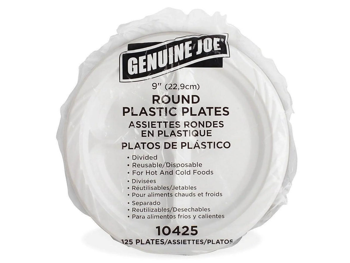 Genuine Joe 3-section Round Plastic Plates, 9", 125 Pack, GJO10425 - Exclusive Design
