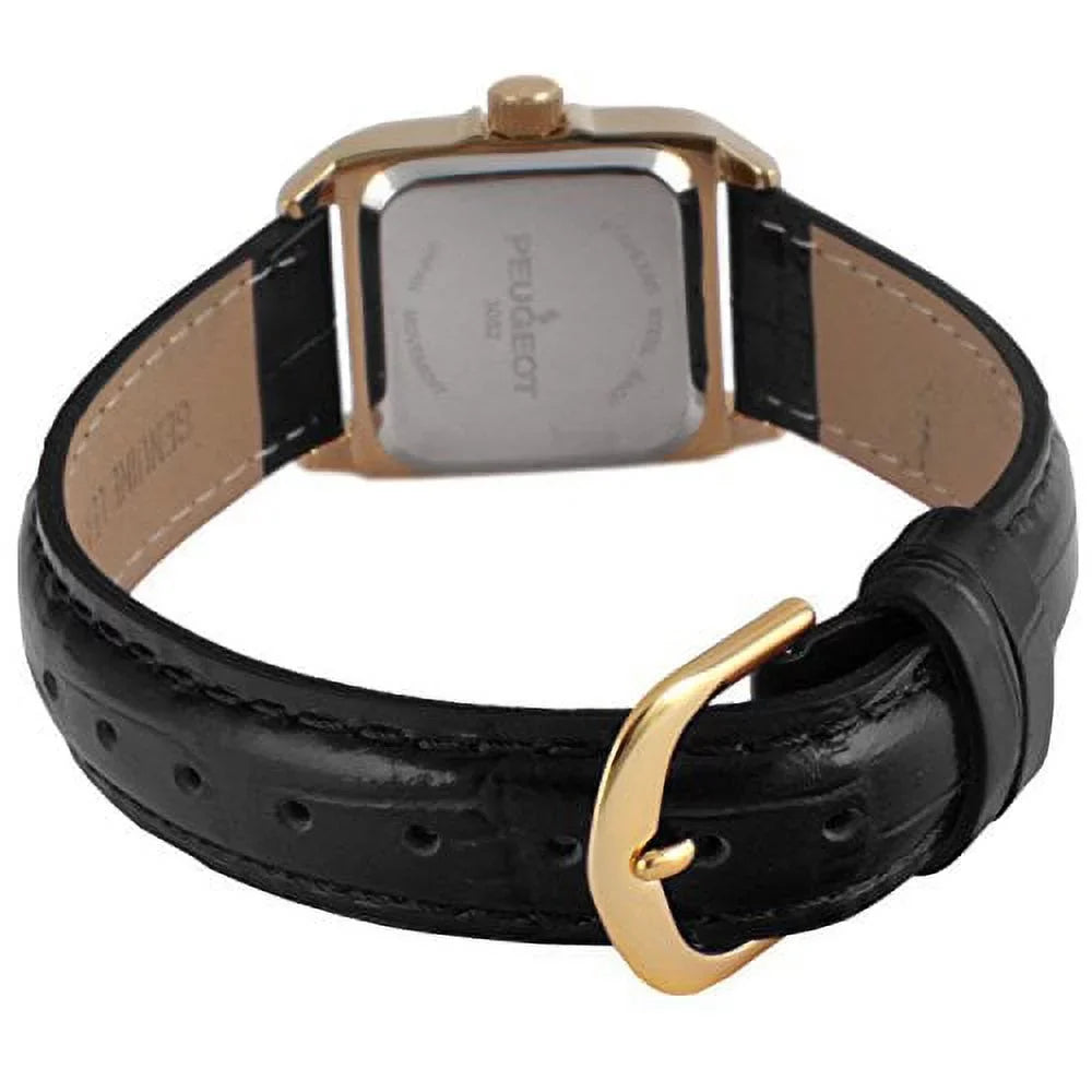 peugeot womens 14k gold plated square tank petite small black leather band luxury dress watch 3052bk - Exclusive Design