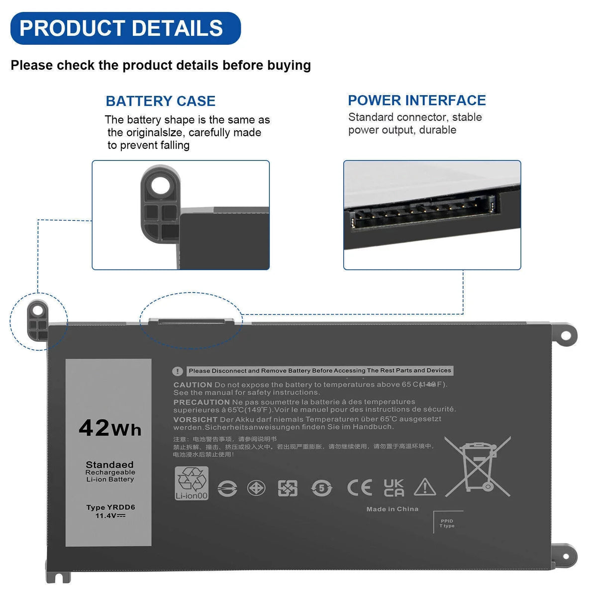 YRDD6 0YRDD6 Battery for Inspiron 3582 3593 3793 5493 5584 5593 5480 5590 5594 - Exclusive Design