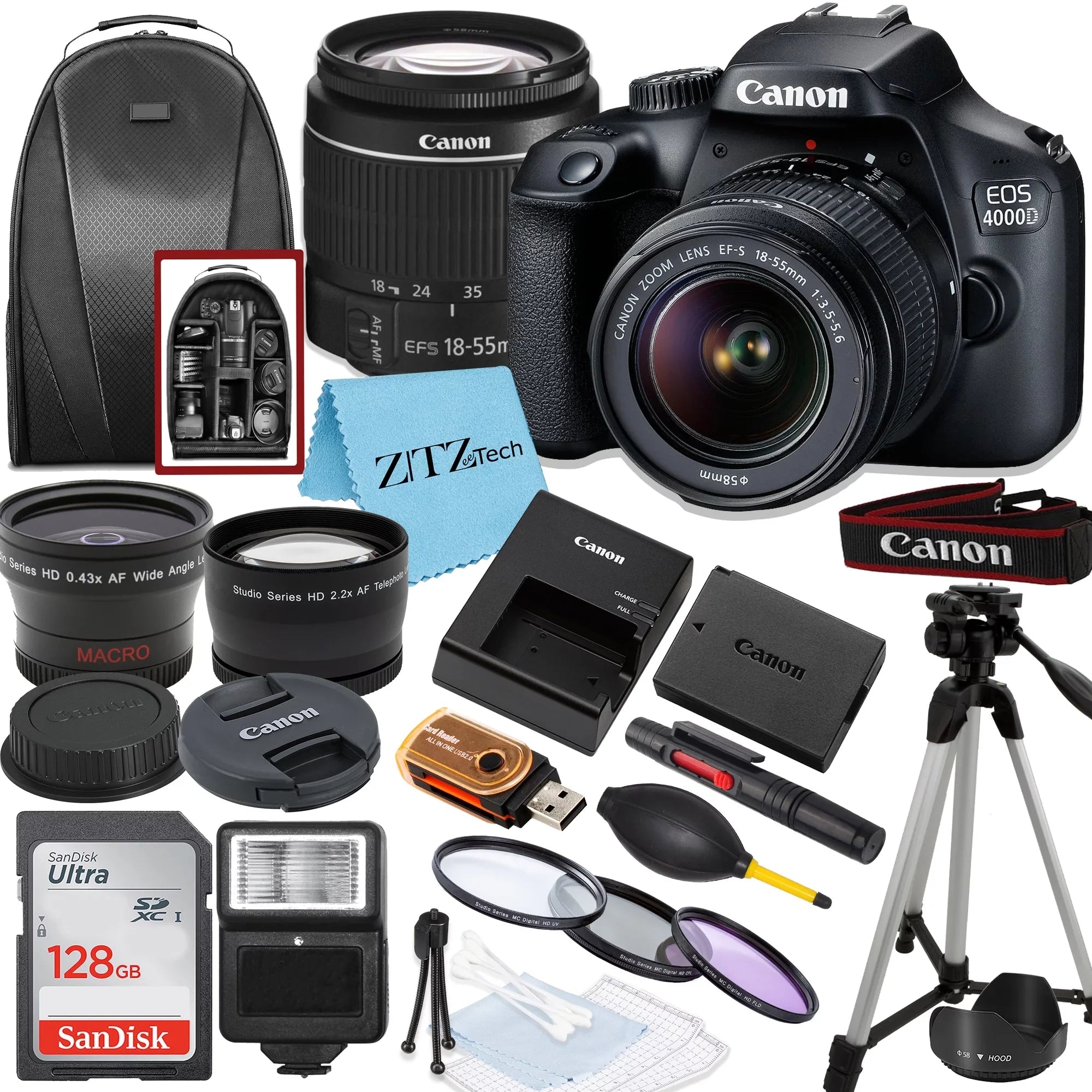 Canon EOS Rebel T100 / 4000D DSLR Camera with 18-55mm Lens, SanDisk 128GB Memory, Tripod, Backpack and ZeeTech Bundle