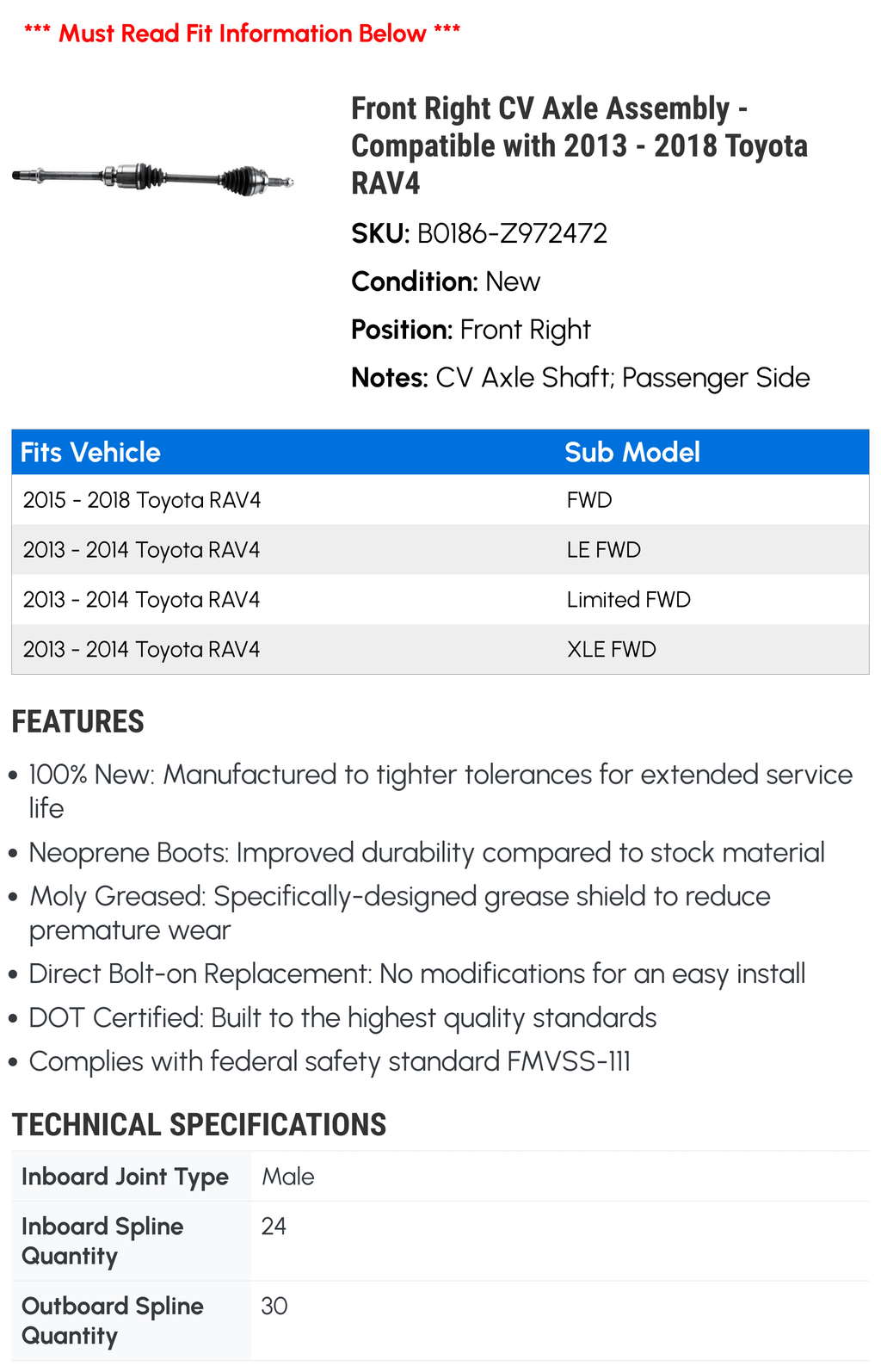 Stylish Front Right CV Axle Assembly - Compatible with 2013 - 2018 Toyota RAV4 2014 2015 2016 2017