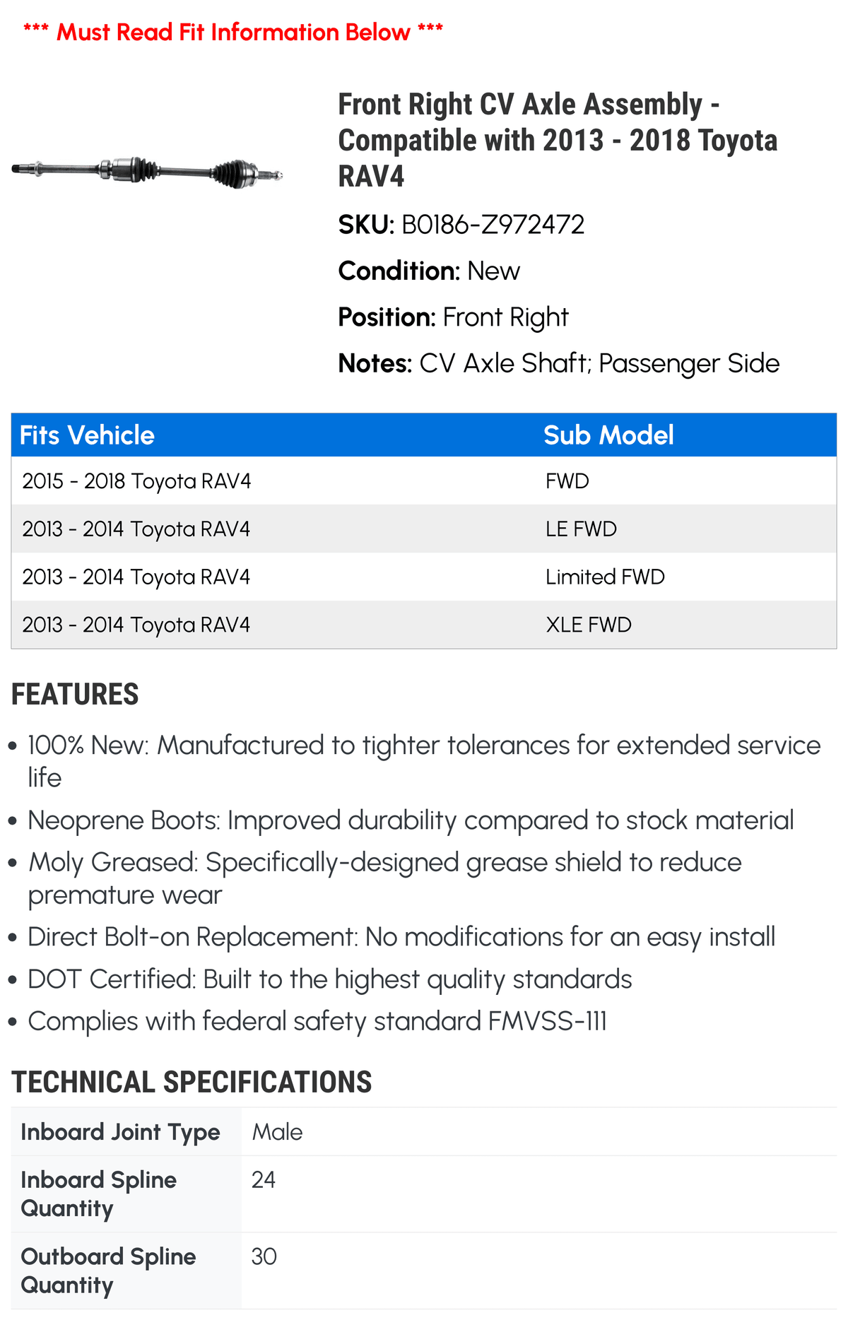 Stylish Front Right CV Axle Assembly - Compatible with 2013 - 2018 Toyota RAV4 2014 2015 2016 2017