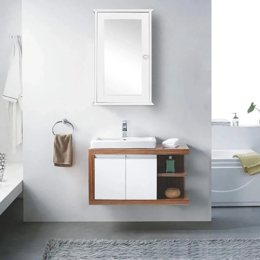 BSL Bathroom Cabinet Wall Mount Mirrored Medicine Cabinet Storage Organizer with Single Door and 2 Adjustable Shelves White