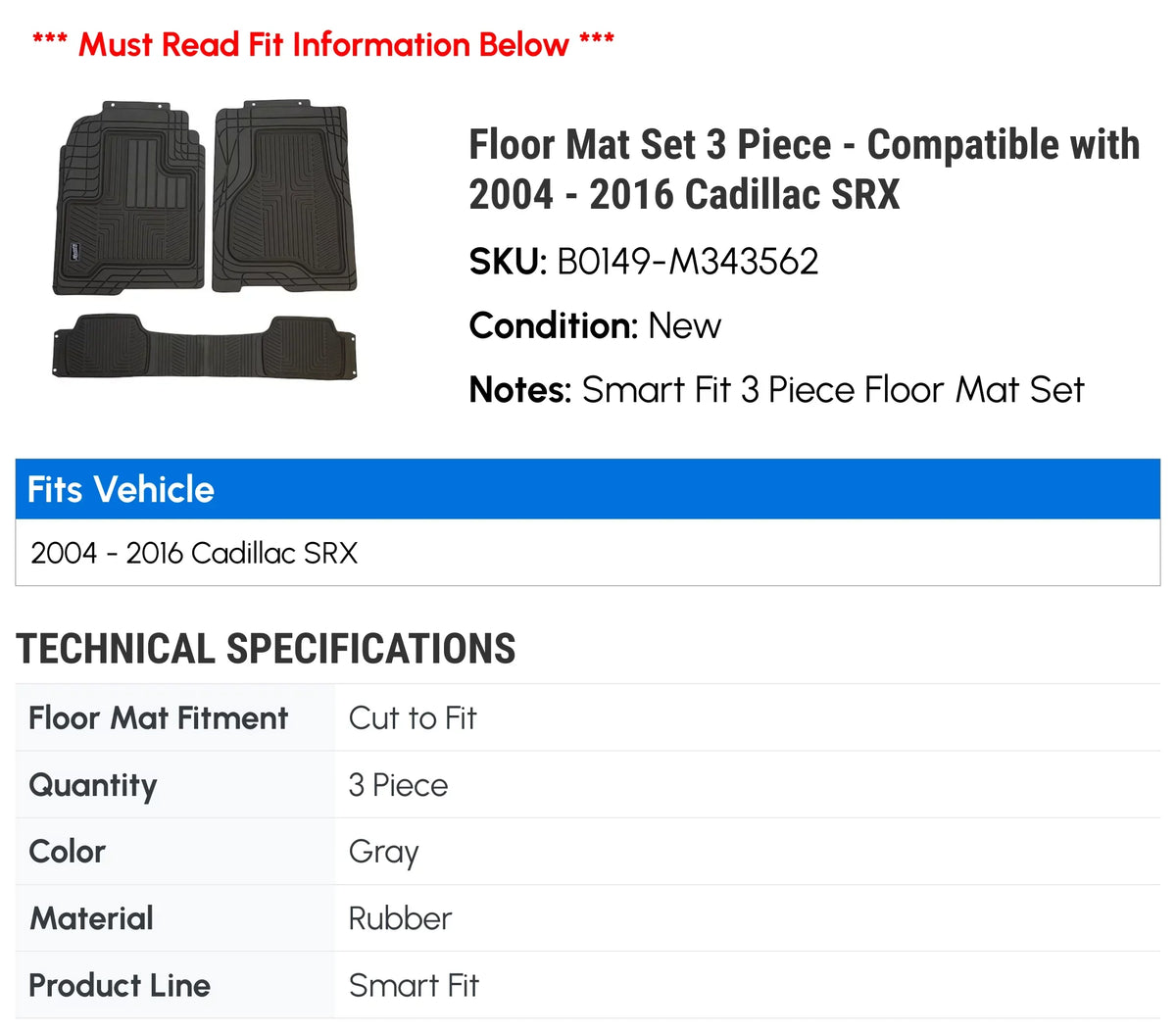 Floor Mat Set 3 Piece - Compatible with 2004 - 2016 Cadillac SRX 2005 2006 2007 2008 2009 2010 2011 2012 2013 2014 2015 - Exclusive Design