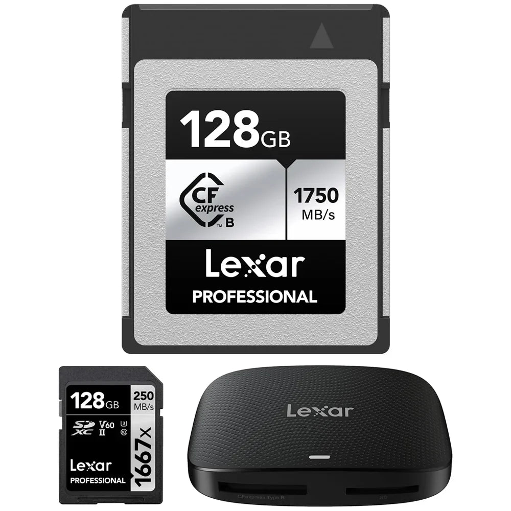 Lexar LCXEXSL128G-RNENG CFexpress Type B SILVER Series 128GB Memory Card Bundle with Professional 1667x 128GB SDXC Memory Card and LRW 520 CFexpress Type B/SD USB 3.2 Gen 2 Card Reader