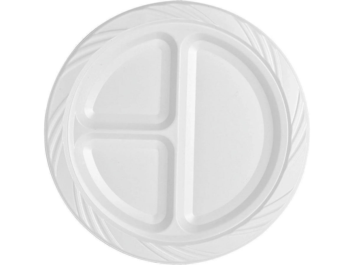Genuine Joe 3-section Round Plastic Plates, 9", 125 Pack, GJO10425 - Exclusive Design