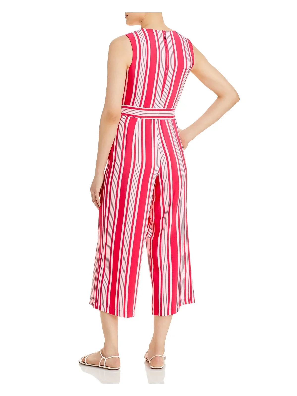 Stylish KARL LAGERFELD Womens Pink Zippered Pocketed Self Tie Sash Striped Sleeveless Surplice Neckline Wear To Work Wide Leg Jumpsuit 2