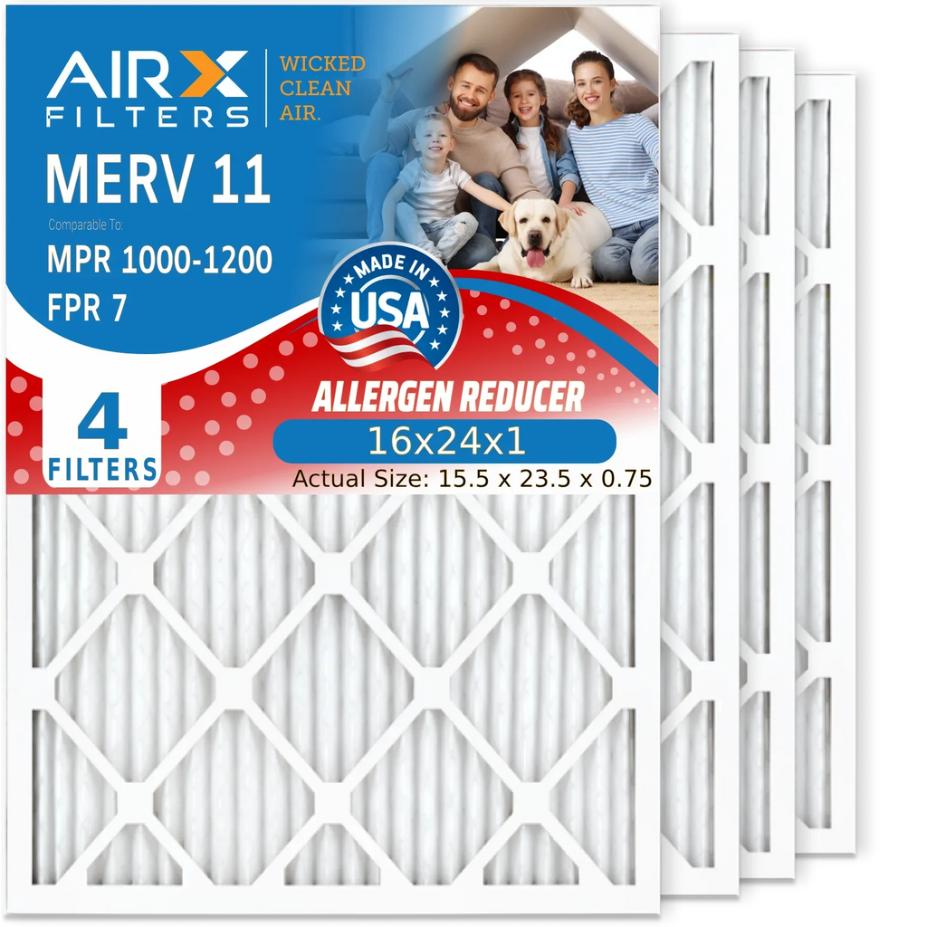 16x24x1 Air Filter MERV 11 Comparable to MPR 1000, MPR 1200 & FPR 7 Electrostatic Pleated Air Conditioner Filter 4 Pack HVAC Premium USA Made 16x24x1 Furnace Filters by AIRX FILTERS WICKED CLEAN AIR. - Exclusive Design