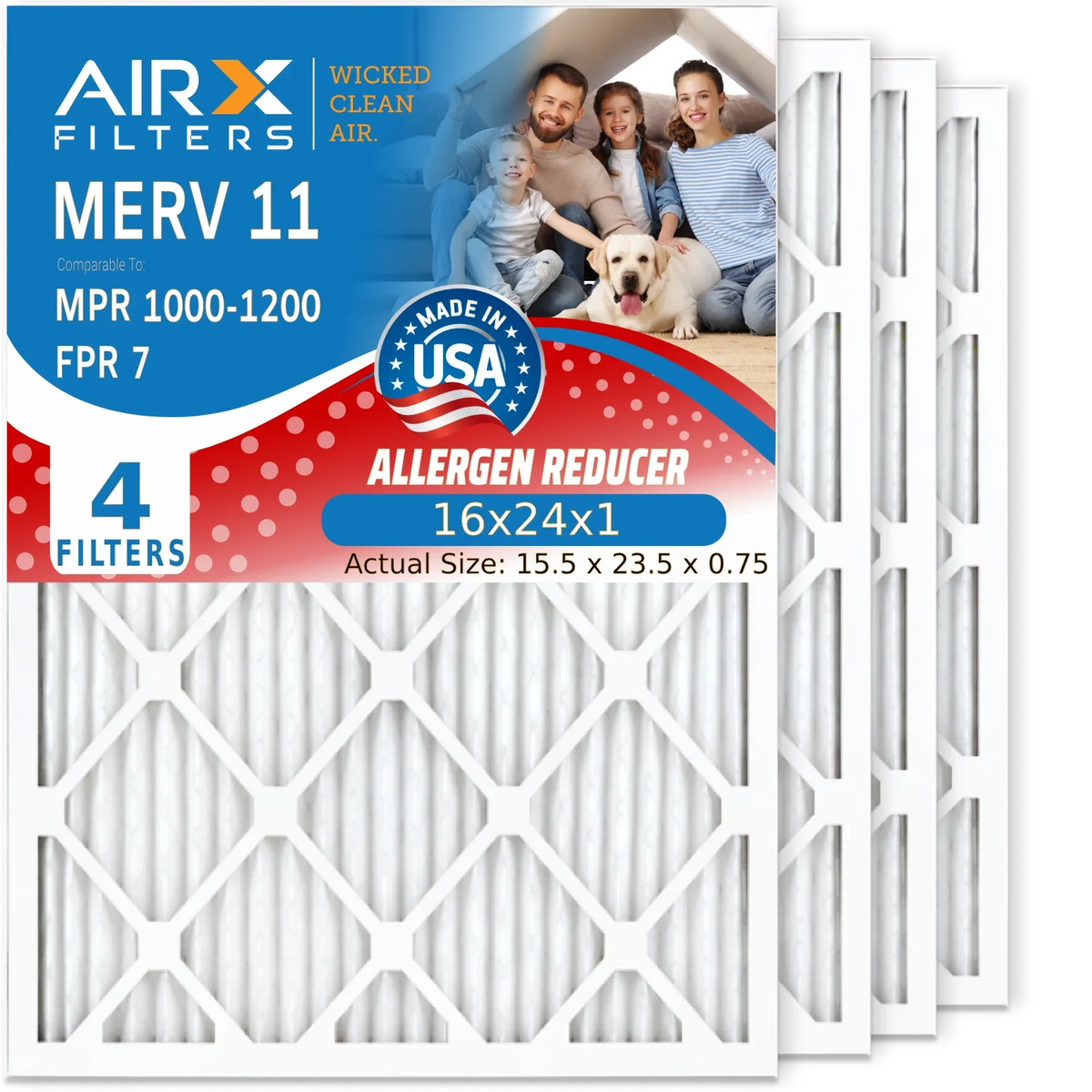 16x24x1 Air Filter MERV 11 Comparable to MPR 1000, MPR 1200 & FPR 7 Electrostatic Pleated Air Conditioner Filter 4 Pack HVAC Premium USA Made 16x24x1 Furnace Filters by AIRX FILTERS WICKED CLEAN AIR. - Exclusive Design